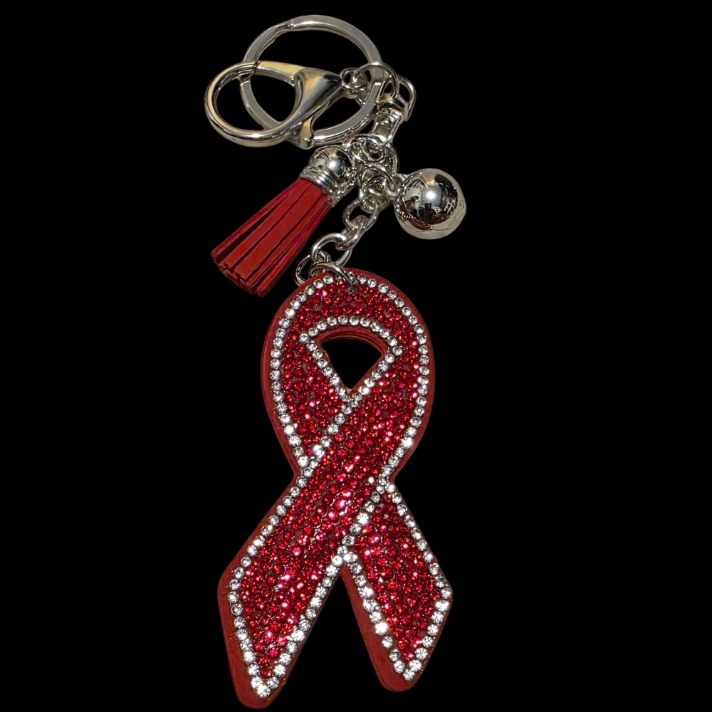 Red Rhinestone Heart Awareness Ribbon Bag Charm | Keychain